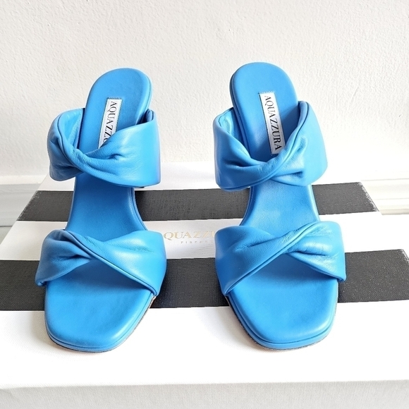 New Aquazzura Twist Leather 95mm Slip On Turquoise Mule Sandals 7.5 US - Picture 10 of 16